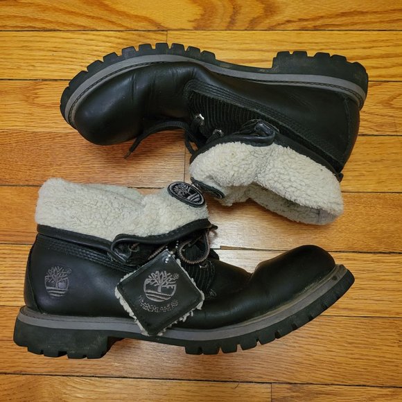 Timberland 8M Black‎ Leather Lace Up Ankle Boots Waterproof Foldover Corduroy - Picture 2 of 11